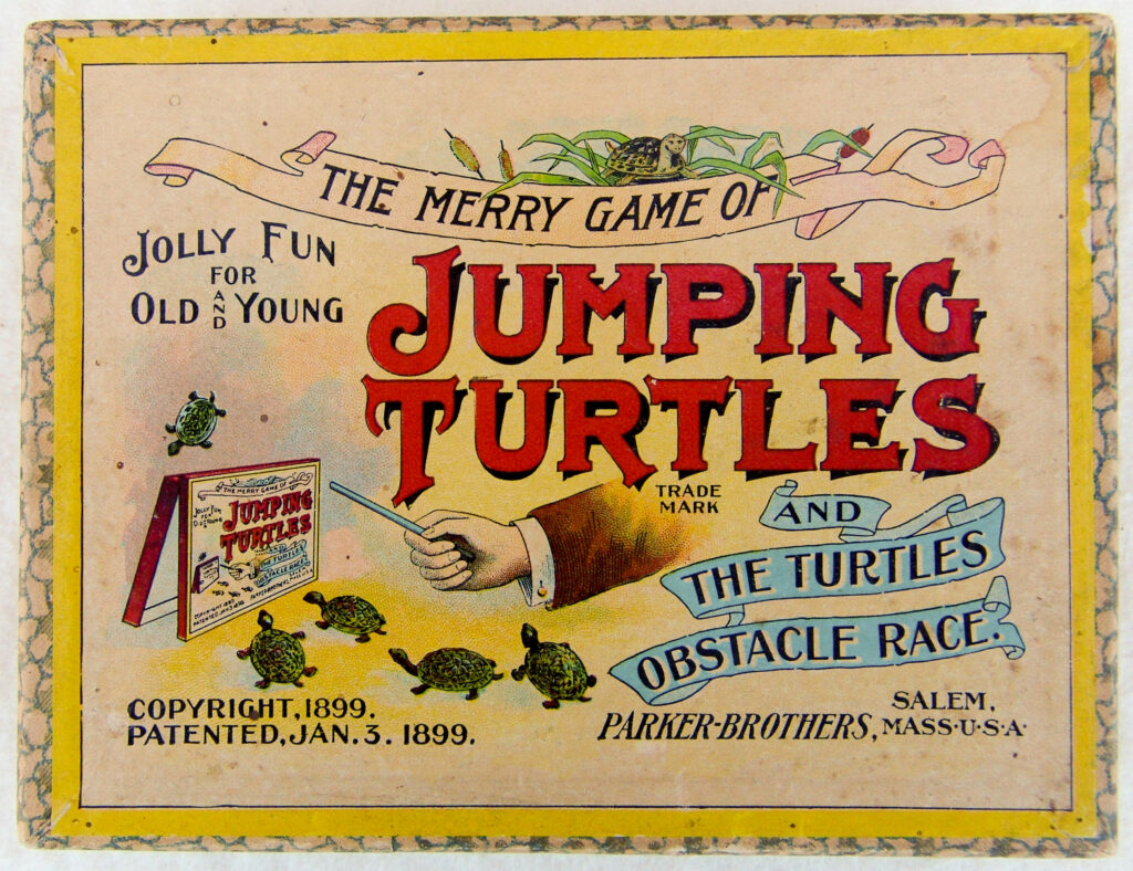 Tucker Tw ID • PBR-83c1 — AGPI ID • G-20544c1 — publisher • Parker Brothers — title • THE MERRY GAME OF JUMPING TURTLES AND THE TURTLES OBSTACLE RACE - JOLLY FUN FOR OLD AND YOUND — notes • Copyright: 1899. Patented: 3 January 1899. — keywords • Parker Brothers, game, game cover, gc-image, publisher