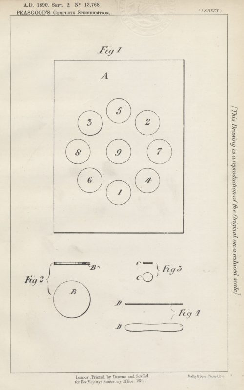 1891-05-30-accepted 1891-04-14-complete 1890-09-02-prov -id GB189013708A -UK patent 13768 year 1890 -title Improvements in Games Played with Counters or Discs -by John Francis Peasgood -page 3